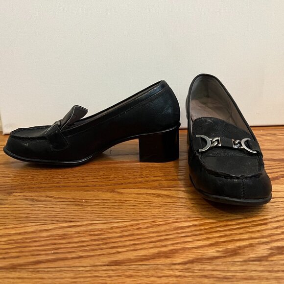 Heeled Black Leather Loafers - Picture 1 of 4